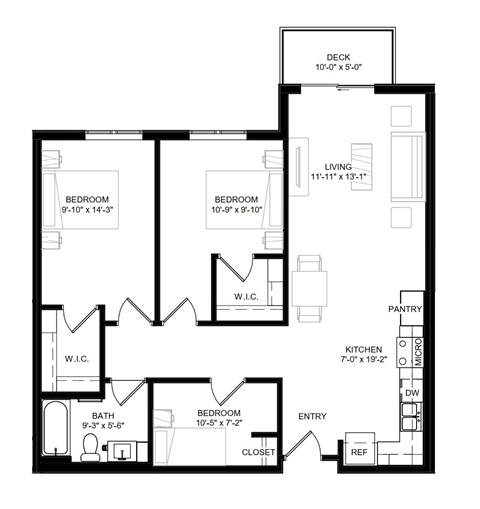 Floor plan for 3 beds, 1 bath, 1040 sqft